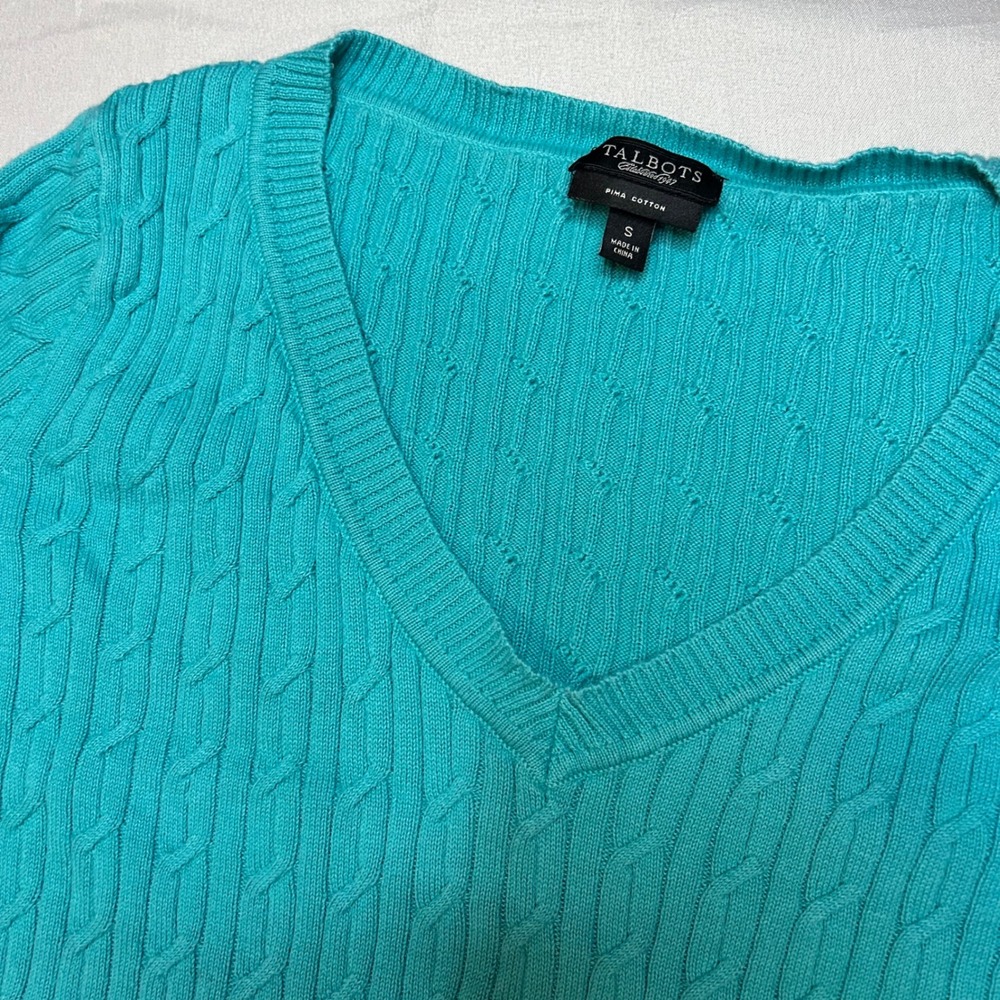 Talbots Sweater Women S Turquoise Teal Pima Cotton Cable Knit V-Neck Long Sleeve
